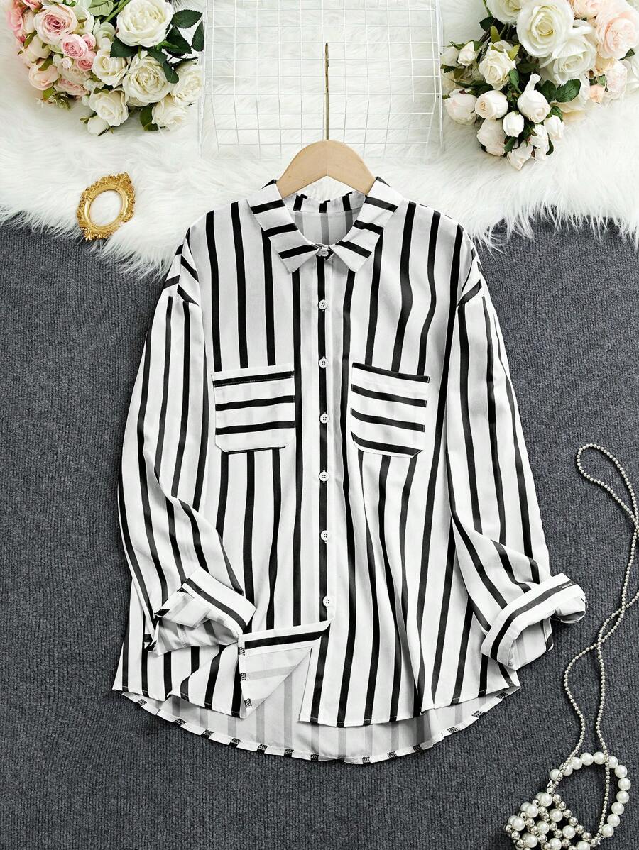 INAWLY 女士春秋宽松条纹长袖口袋休闲衬衫女衬衫 - 黑與白 - 查看 1