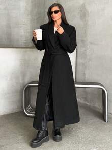 EURMUSE Manteau long femme à col châle unicolore avec ceinture - Noir - Voir 4