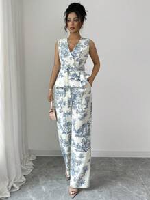 Elenzga 女士优雅全印花 V 领无袖 D 形环腰带荷叶边上衣和宽松阔腿裤两件套