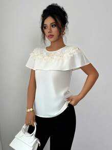 Elenzga Women's Elegant Summer 3D Floral Ruffle Trim Round Neck Blouse - Apricot - View 3