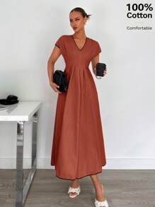 Siren Gaze Women's Summer Cotton Comfortable Waist Cinched Contrast Trim Maxi Linen Dress Elegant Christmas Evening Dress - Redwood - View 5