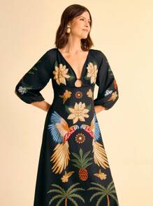 CAJUNI Women's Boho Style Black Background Parrot, Pineapple, Coconut Tree And Tropical Floral Print V-Neck Long Sleeve Hollow Drop & Criss-Cross Back Vacation Maxi Dress
