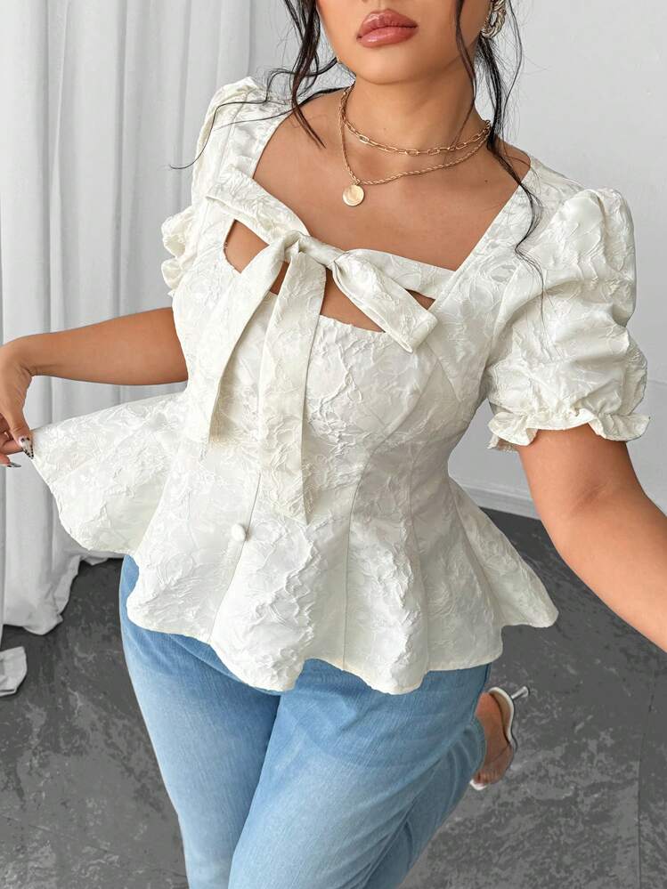 SHEIN Clasi Plus Size Women Floral Jacquard Knotted Front Puff Sleeve Elegant Blouse - Beige - View 1
