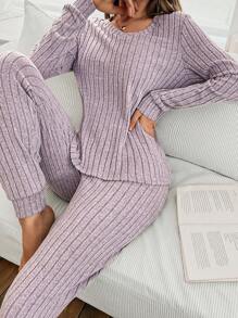 SHEIN Women Rib-Knit Fleece V-Neck Casual Long Sleeve Pants Pajama Set  Cozy And Elegant Details, Fall/Winter Clothes