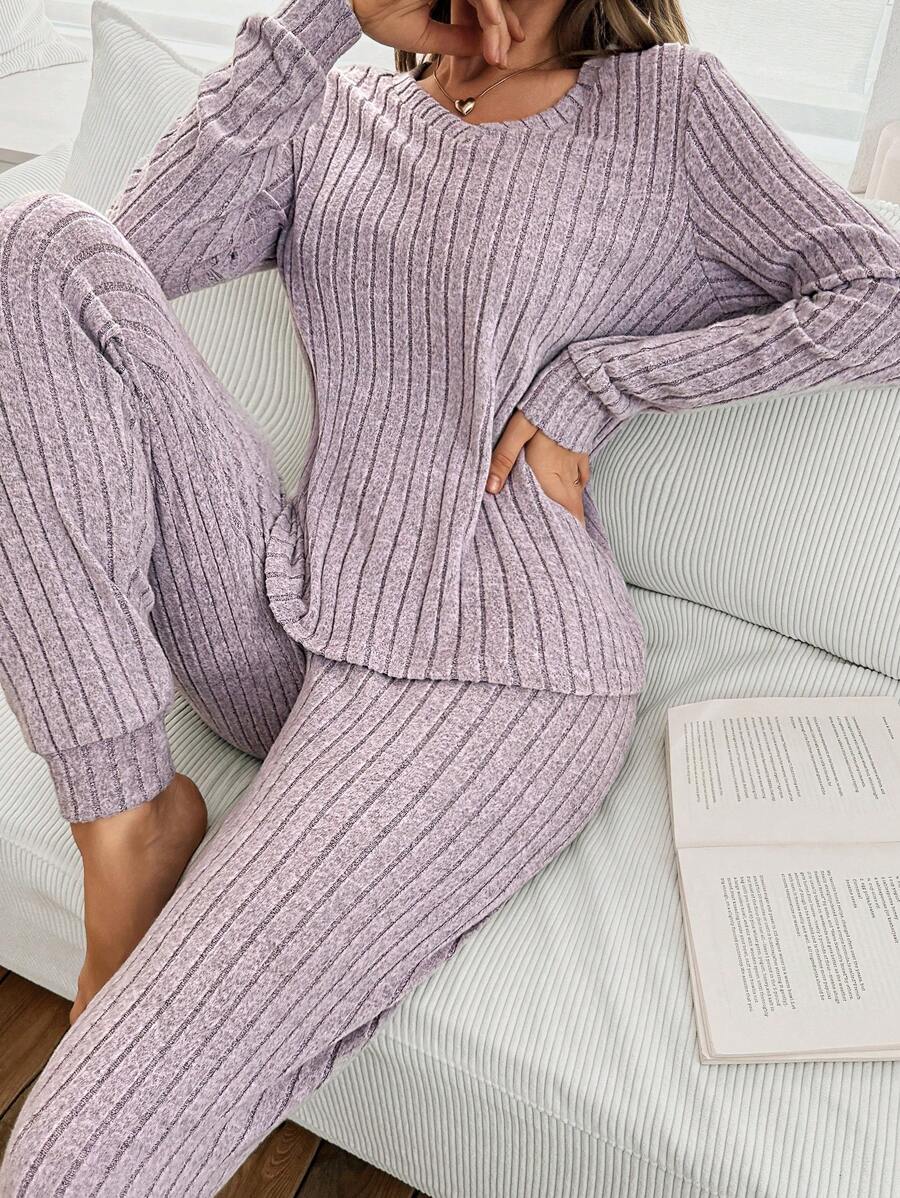 SHEIN Women Rib-Knit Fleece V-Neck Casual Long Sleeve Pants Pajama Set  Cozy And Elegant Details, Fall/Winter Clothes