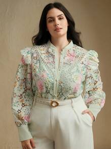 Anewsta Camicia elegante da donna per vacanze, collo alla coreana, stampa floreale in pizzo, manica lunga, con inserti in pizzo e volant sulla gonna, adatta per l'estate