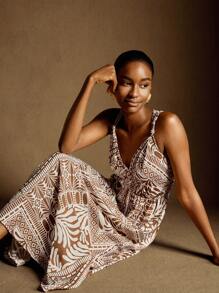 Écloséra 法式复古杏色咖啡碎花竹编细肩带A字连衣裙，女款春夏装，串珠肩带装饰，松紧腰 - 彩色 - 查看 1