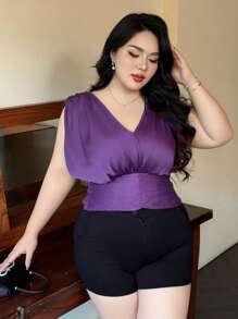 Flirla Áo cánh dơi cổ chữ V sâu cỡ lớn, thắt eo màu tím thanh lịch dành cho nữ, thích hợp cho kỳ nghỉ, hẹn hò và tiệc tùng - Màu tím - Xem 6