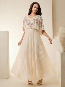 Anewsta Elaire 女士优雅串珠褶皱V领连衣裙，夏季 - 杏色 - 查看 5