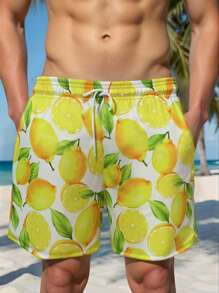 Summer Casual Lemon Random Print Men Beach Shorts - Yellow - View 7