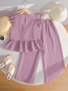 SHEIN Leap Crew Conjunto informal de 2 piezas para niñas preadolescentes de resort: Blusa con cuello redondo, textura tejida, volantes y lazo, y pantalones de pierna ancha - Rosa vieja - Ver 9