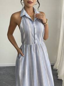 Women's Striped Button Half-Placket Halter Casual Mid-Length Dress - Blue - View 5