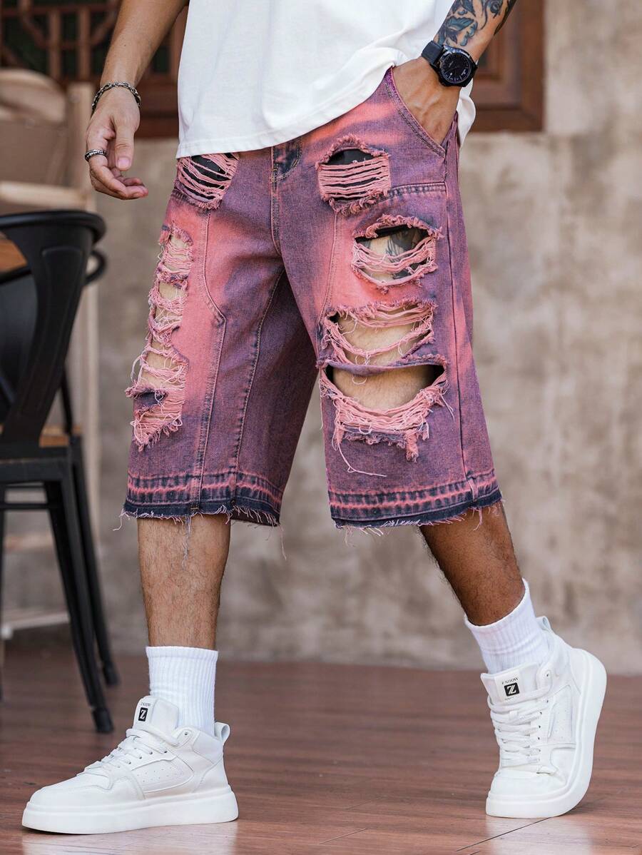 Manfinity Roughcore Men's Avant-Garde Burgundy Ripped Denim Bermuda Shorts, Perfect For A Bold Street Casual Look. These Heavily Distressed Jorts Offer An Edgy And Unique Style For Summer Comfort. - Burgundy - View 1