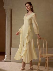 MOTF PREMIUM V-NECK LONG SLEEVE WAIST CINCHED RUFFLED ASYMMETRIC HEM DRESS, MINIMALIST - Apricot - View 1