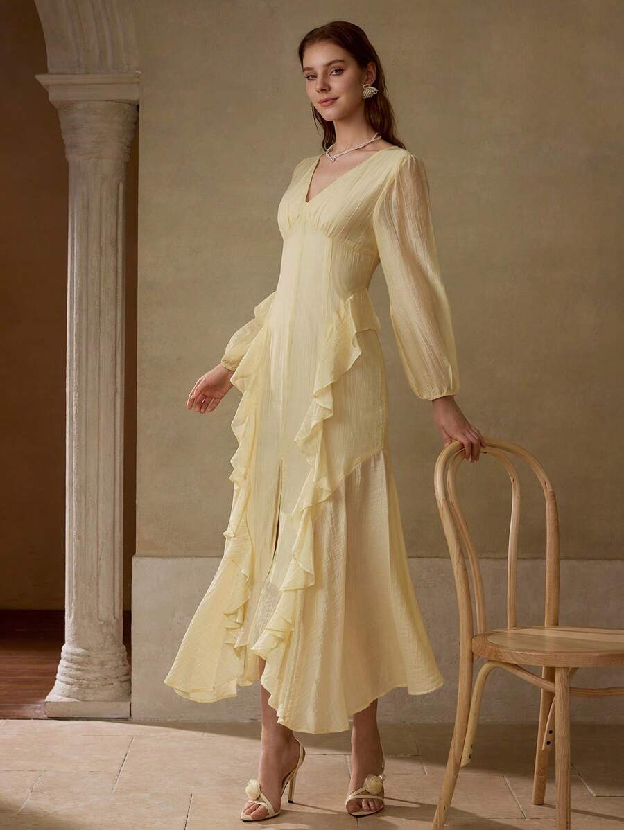 MOTF PREMIUM V-NECK LONG SLEEVE WAIST CINCHED RUFFLED ASYMMETRIC HEM DRESS, MINIMALIST - Apricot - View 1