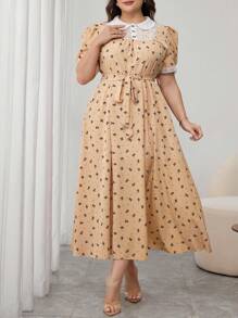 Modelyn 大码卡其色蕾丝拼布修身喇叭裙，春夏 - 卡其色 - 查看 5