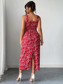 Elenzga Elegante vestito vintage con stampa floreale ditsy, taglie comode, scollo a cuore, vita con fiocco, spacco laterale sexy, disponibile in più colori