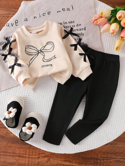 Baby Girls Casual Long Sleeve Bow Print Top & Leggings 2pcs Set, Cute & Fashionable For Autumn Baby Girl Warm Sets Baby Casual Sets Two Pieces Winter Outfits For Toddler Girl Fall
