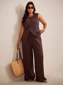 Elaquor 大码夏季休闲纯色纽扣前吊带背心和裤子套装