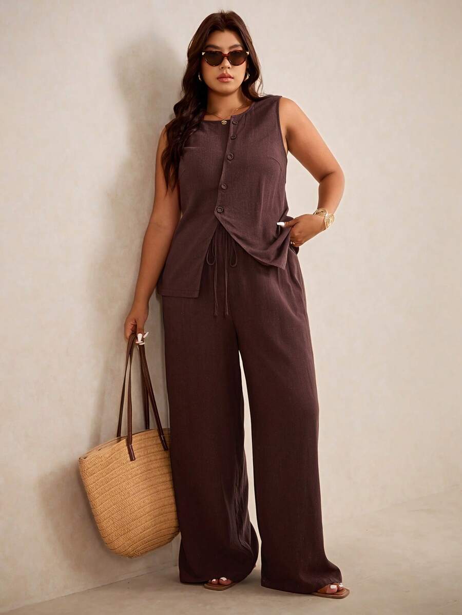 Elaquor 大码夏季休闲纯色纽扣前吊带背心和裤子套装