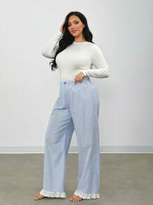 Firerie Damen Große Größen Frühling/ Sommer Lässig, elegante Urlaubskleidung für Zuhause Schleifen-Spitzen-Patchwork gestreifte Gerade Hosen vielseitig einsetzbar für Schulanfang/Abschlusszeit - Verschiedenfarbig - Übersicht 5