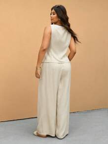 Elaquor 2 件套：大码休闲通勤撞色系带背心和直筒裤