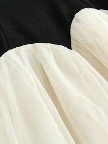 Pitira 少女优雅拼色圆领 A 字形网眼喇叭裙、派对礼服、婚礼宾客礼服，适合下午茶、度假、音乐节、波西米亚风 - 黑色 - 查看 4