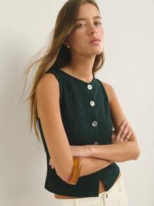 Nöista Black Sleeveless Ribbed Top Features A Button-Down Front And A Fitted Waist, Offering A Sleek And Versatile Look For Summer - Dark Green - View 3