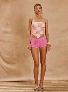 MUSERA Low Rise Frill Detail Fitted Micro Mini Shorts Hotpants Summer Vacation Boho Ibiza Elegant Club Beach Cute Sexy Festival Rave Holiday - Pink - View 1