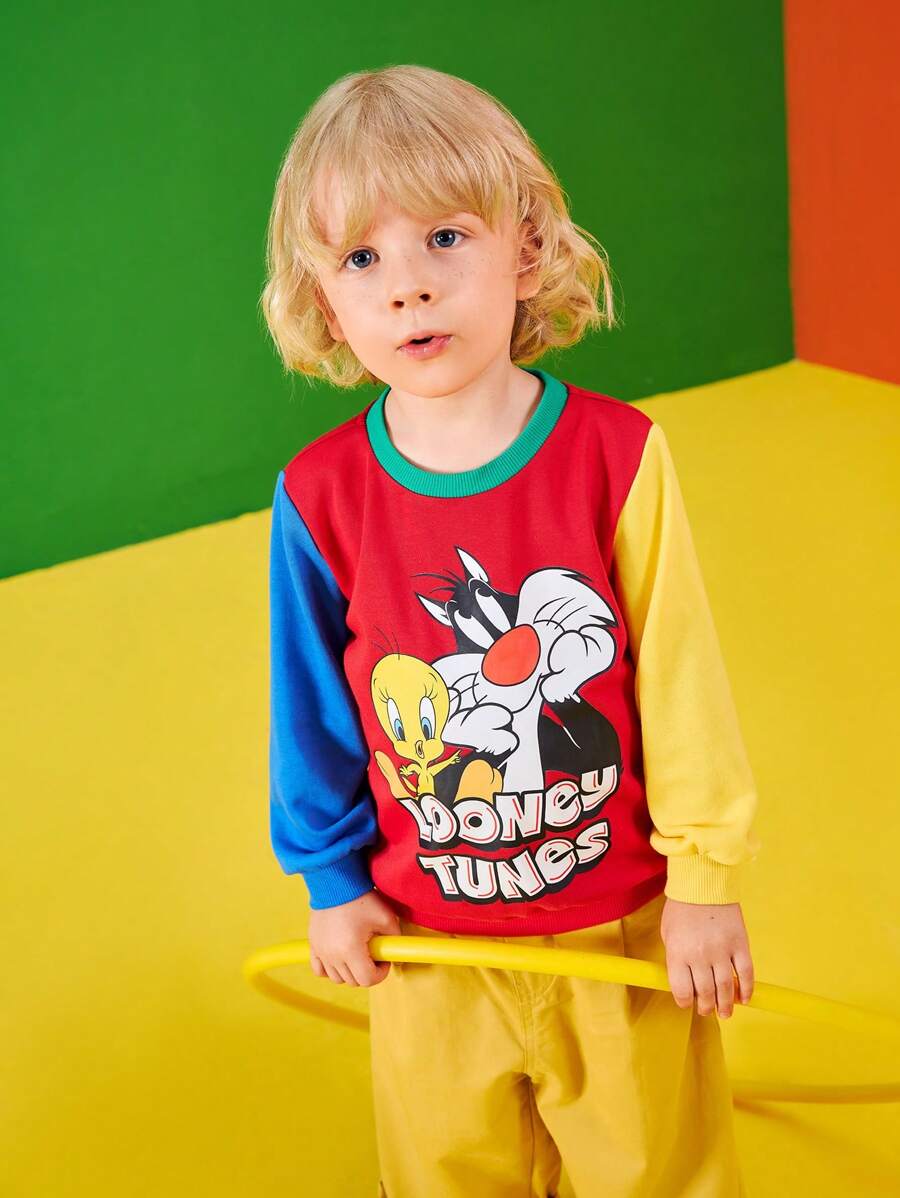 LOONEY TUNES X SHEIN Sudadera de cuello redondo de manga larga con bloqueo de color y estampado de dibujos animados para niño pequeño - Multicolor - Ver 1