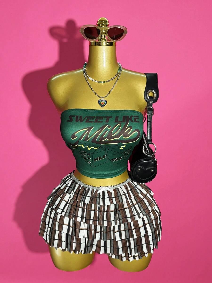 Slaydiva 2025 夏季新款街头休闲辣妹绿色修身图案抹胸短背心 + 多层荷叶边格子短裤女两件套，适合日常外出、节日派对、音乐节、旅行、毕业装、朋友聚会、生日派对、海滩、机场装、度假、波西米亚风、返校、俱乐部-B - 彩色 - 查看 1