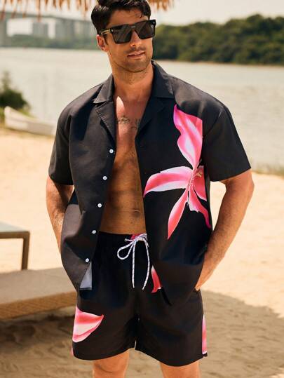 Manfinity Swimmode Men Floral Print Short Sleeve Single Breasted Shirt And Shorts Beach Suit Men Beach Outfit Set Men S Resort Wear Men Bahama Outfit Men S Pool Outfit