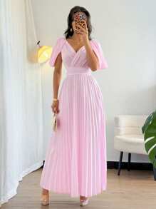 Rafferiza Women's V-Neck Off Shoulder Ruched Waist Elegant Dress - Pink - View 3