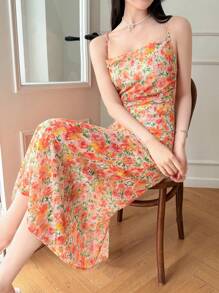 SHEIN LUNE Váy xẻ tà hở lưng in hoa cho nữ, buộc dây, viền bèo nhún (Cắt ngẫu nhiên) - Nhiều màu - Xem 1