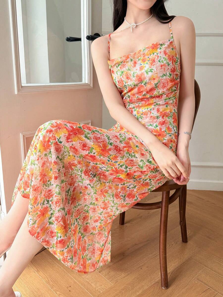 SHEIN LUNE Váy xẻ tà hở lưng in hoa cho nữ, buộc dây, viền bèo nhún (Cắt ngẫu nhiên) - Nhiều màu - Xem 1