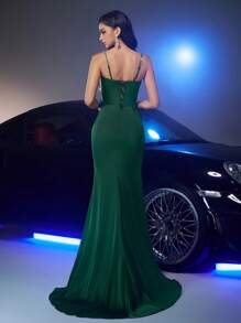 Glamrae Elegant Luxurious Dark Green Satin Handmade Rhinestone Strap Cutout Sheer Side Triangle Bodycon High Slit Fishtail Maxi Dress With Train For Formal Evening Gowns - Dark Green - View 3