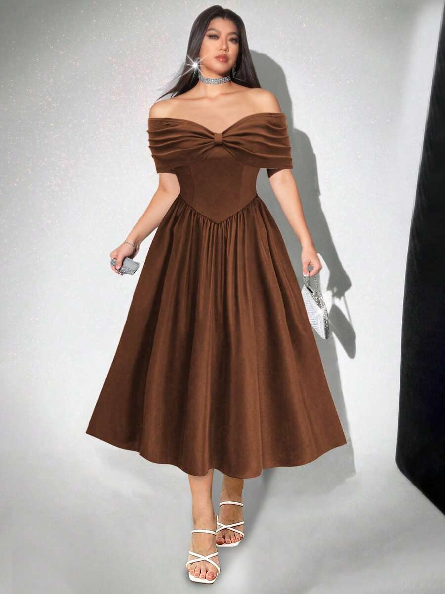 SHEIN LUNE 大码露肩优雅小黑裙、伞状中长裙、短款礼服、婚礼蝴蝶结装饰 - 咖啡棕 - 查看 1