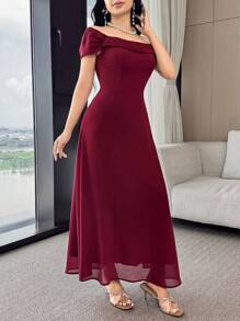 Feyla Đầm dài thanh lịch trễ vai xếp ly cho nữ, tay ngắn, màu trơn - Màu Đỏ Sâu - Xem 5