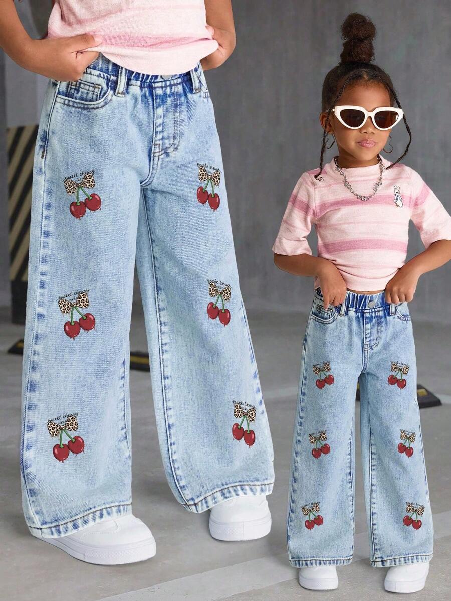 SHEIN 女童时尚破洞直筒蓝色牛仔裤，百搭休闲 - 藍色 - 查看 1