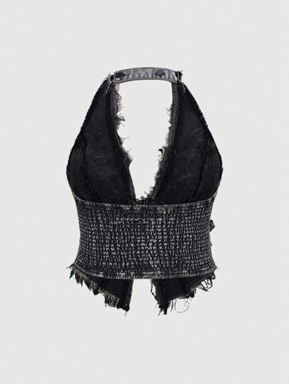 J-Fashion Plus Size Sexy Distressed Star Halter Crop Top Denim Shirt