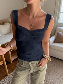 SHEIN EZwear Women's Summer Contrast Lace Ruched Bust Fitted Camisole