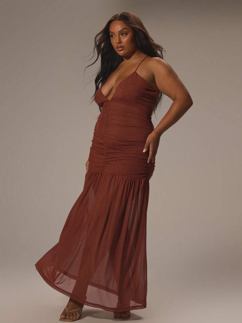 Curve Brown Summer Elegant V Plunge Ruched Maxi Dress,Night Out Club Long Dress For Party Holiday Graduation Prom Summer Vacation