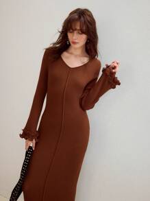 MOTF STUDIO LETTUCE TRIM SLIM FIT SWEATER DRESS - Coffee Brown - View 5