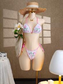 Swim Mod 女士海滩度假夏季新款性感露背系带花卉印花泳装套装带金属吊坠，海滩度假比基尼套装