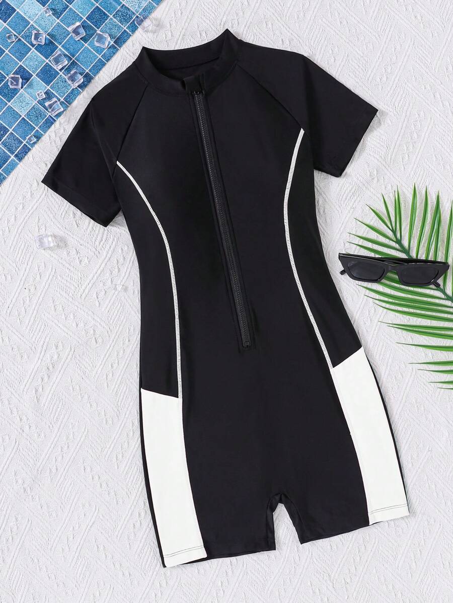 SHEIN Leap Crew Teen Girls' Patchwork Color Block Knitted Swimsuit With Shorts Teen Swim Suit Girls Swim Suit Teen Swimwear Zip Up Swimsuit Short Sleeve Swimsuit - Black and White - View 1