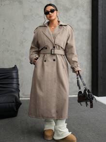 SHEIN EZwear 大码女式纯色插肩袖长袖双排扣秋季羊毛风衣 - 卡其色 - 查看 5