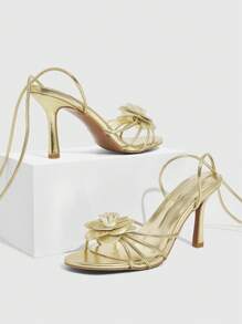 CUCCOO SZL 女士金色金属 PU 山茶花装饰性感后绑带迷人夜店高跟凉鞋 - 金色 - 查看 9