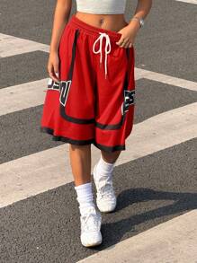 SHEIN EZwear Quần short lưới in họa tiết màu đỏ phong cách thể thao mùa hè dành cho nữ, phong cách đại học và đường phố, quần short bóng rổ - Đỏ - Xem 3