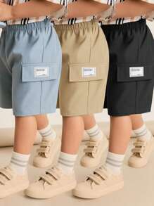 SHEIN 3 件套年轻男孩休闲日常舒适纯色贴袋宽松梭织短裤，多件套适合通勤、上学、休闲、旅行、运动、春夏秋冬