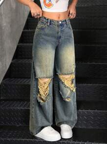 Teen Girl Blue Loose Ripped Jeans,Street Wear - Dark Wash - View 5